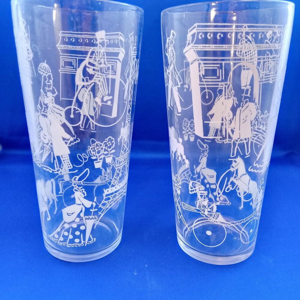Pair of Vintage MCM tall glasses with Eiffel Tower french people, Paris